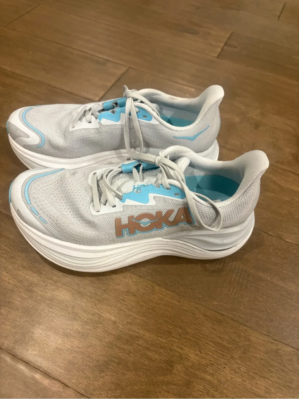 Hoka White and Light Blue Cushioned Running Sneakers